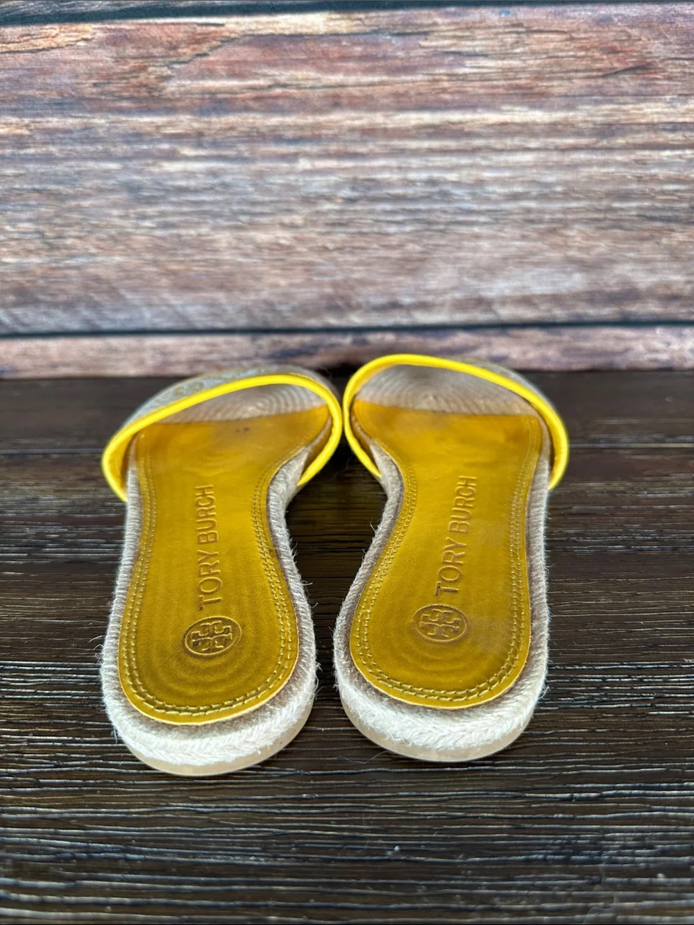 Tory Burch Yellow and Natural T monogram Espadrille Slide Mules